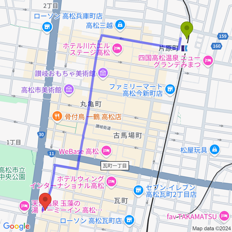 片原町駅から高松TOONICEへのルートマップ地図