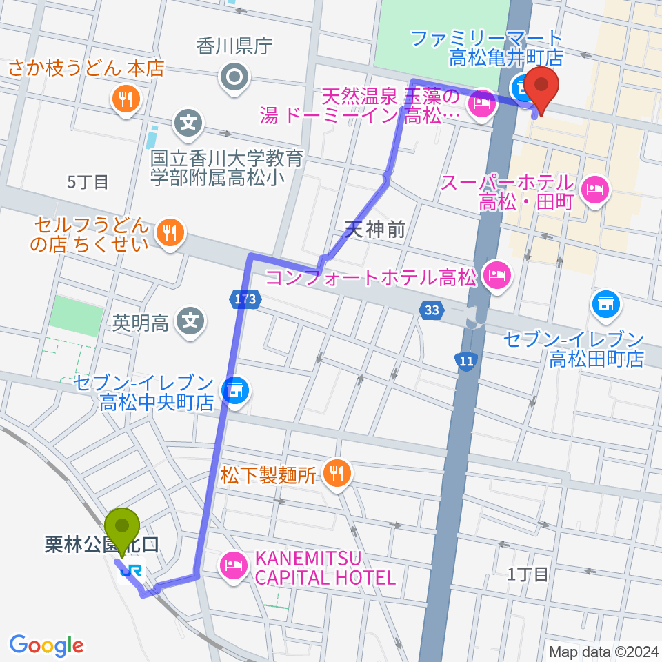 栗林公園北口駅から高松TOONICEへのルートマップ地図