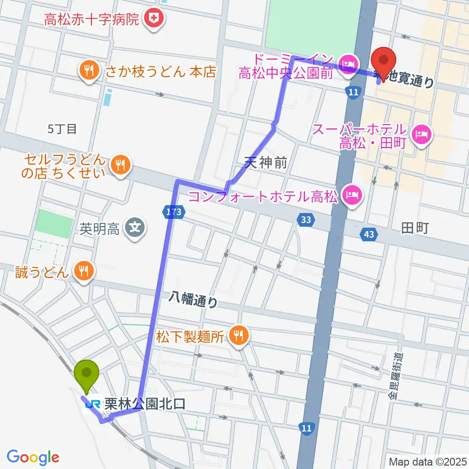 栗林公園北口駅から高松TOONICEへのルートマップ地図