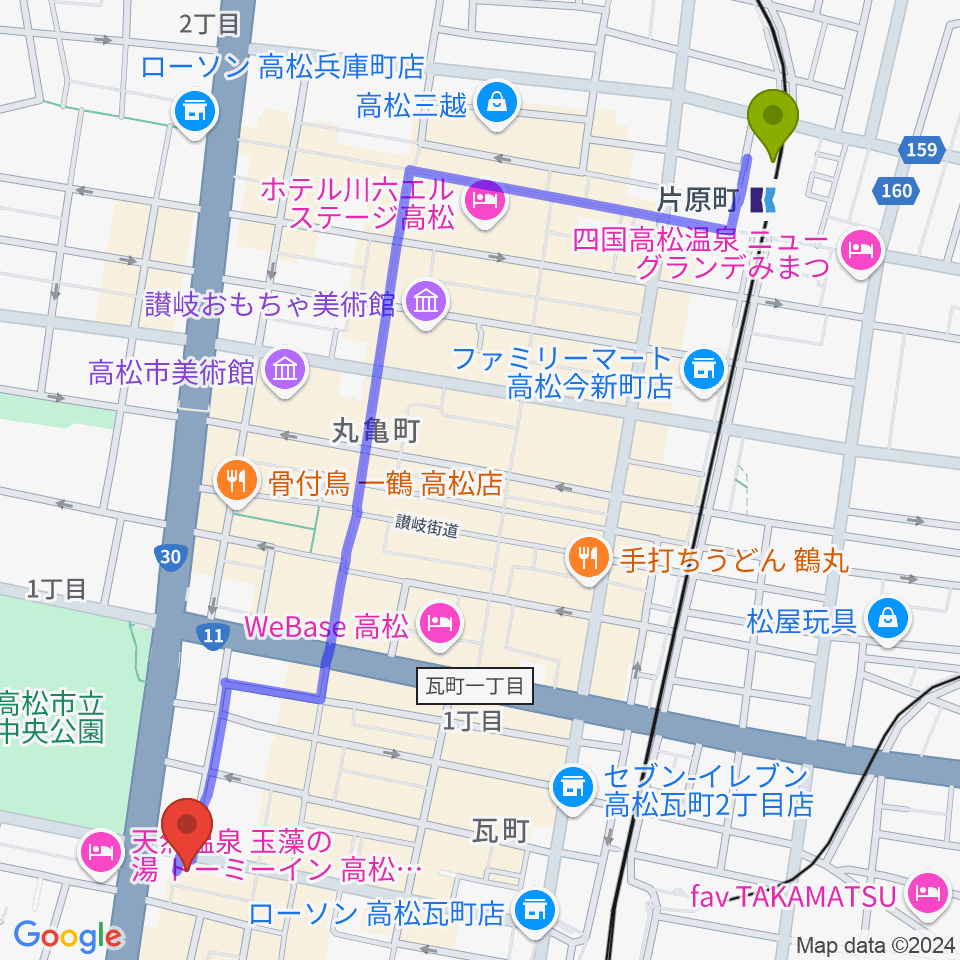 片原町駅から高松TOONICEへのルートマップ地図