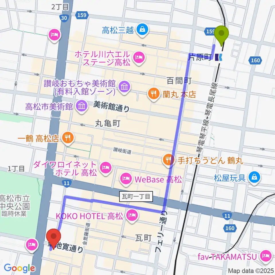 片原町駅から高松TOONICEへのルートマップ地図