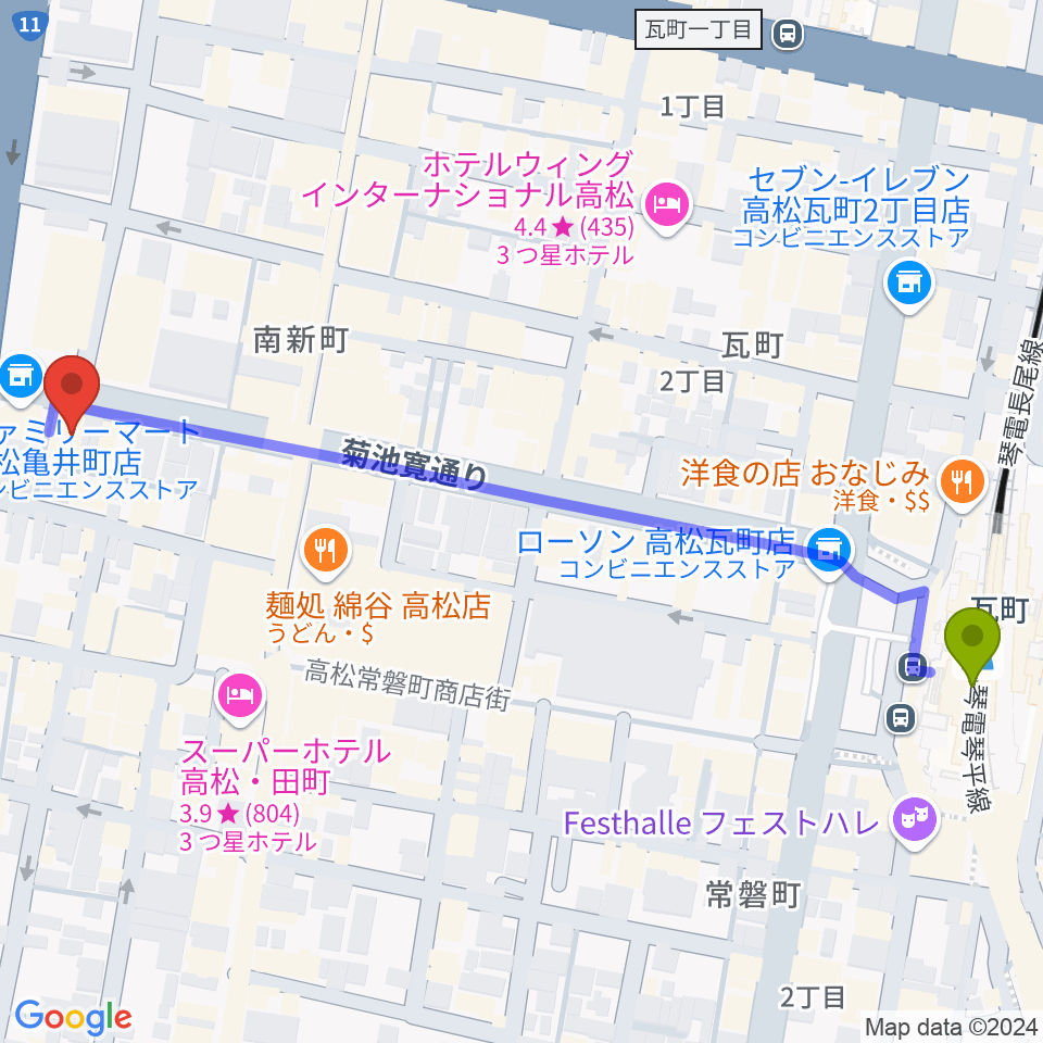 高松TOONICEの最寄駅瓦町駅からの徒歩ルート（約7分）地図