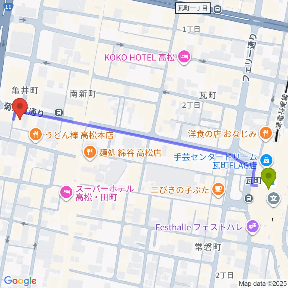 高松TOONICEの最寄駅瓦町駅からの徒歩ルート（約7分）地図