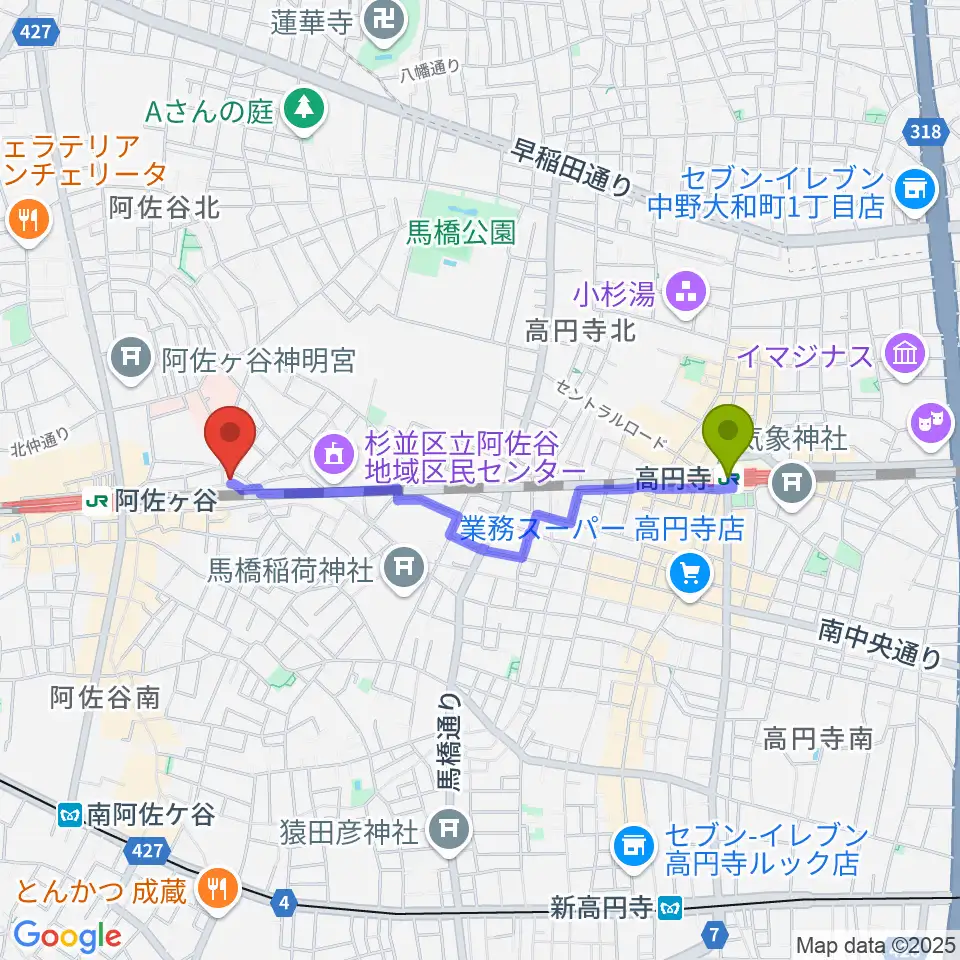 高円寺駅からアイネビッテ音楽教室へのルートマップ地図