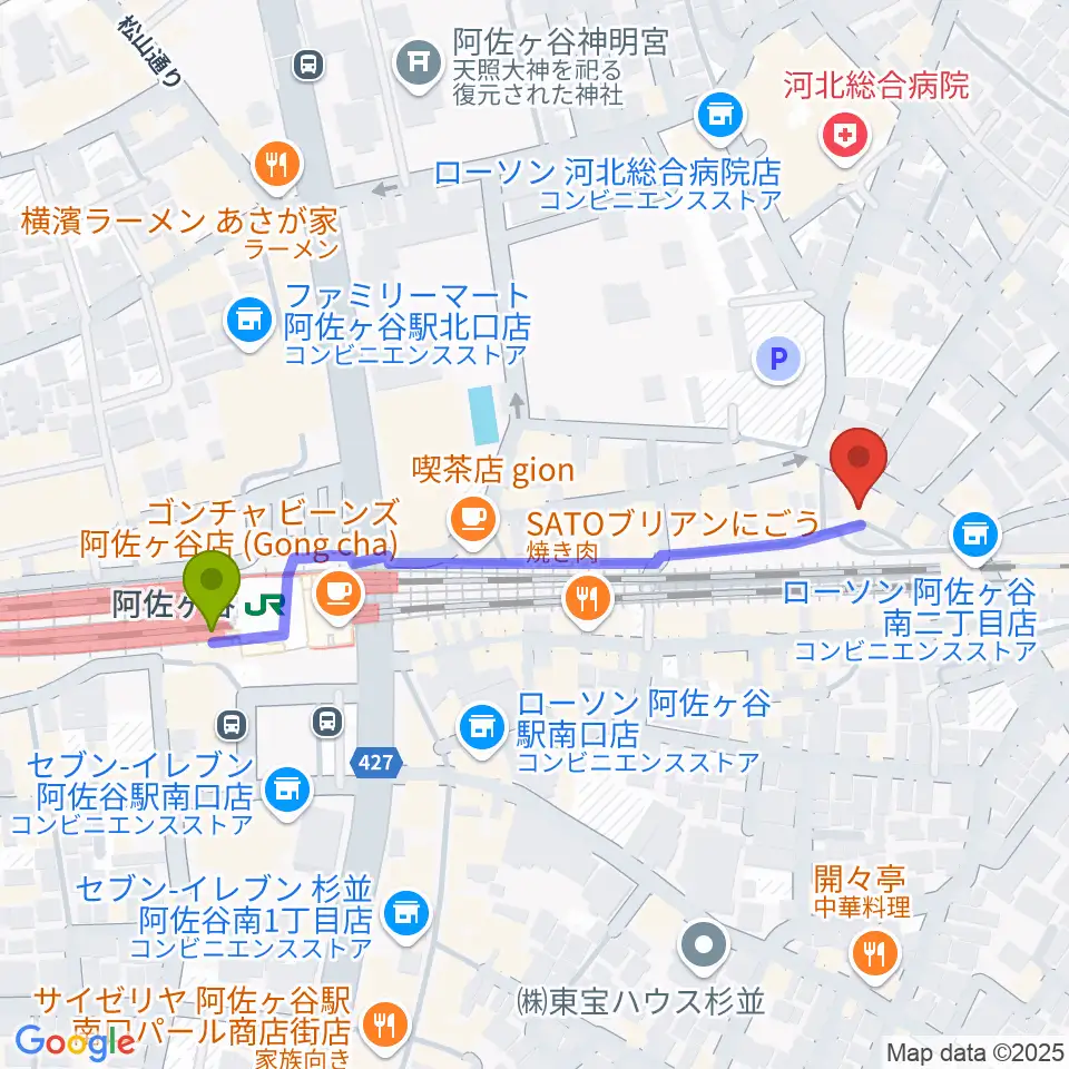 アイネビッテ音楽教室の最寄駅阿佐ケ谷駅からの徒歩ルート（約5分）地図