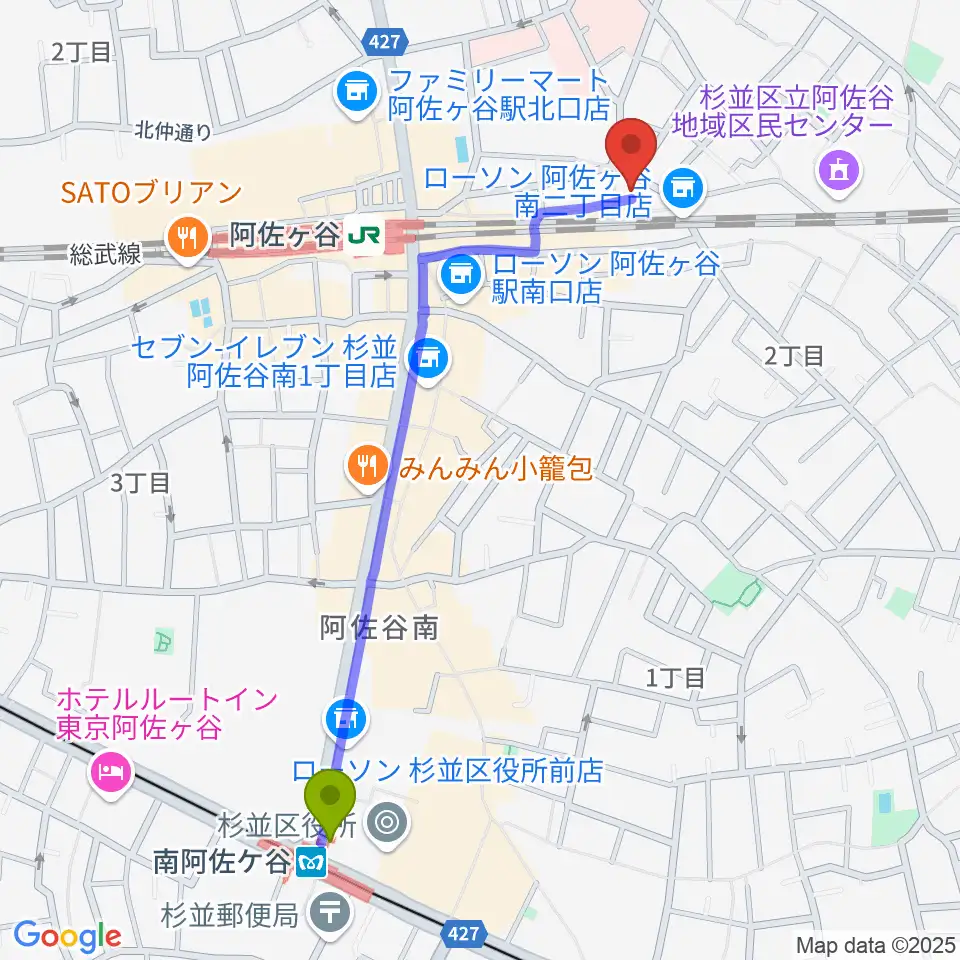 南阿佐ケ谷駅からアイネビッテ音楽教室へのルートマップ地図