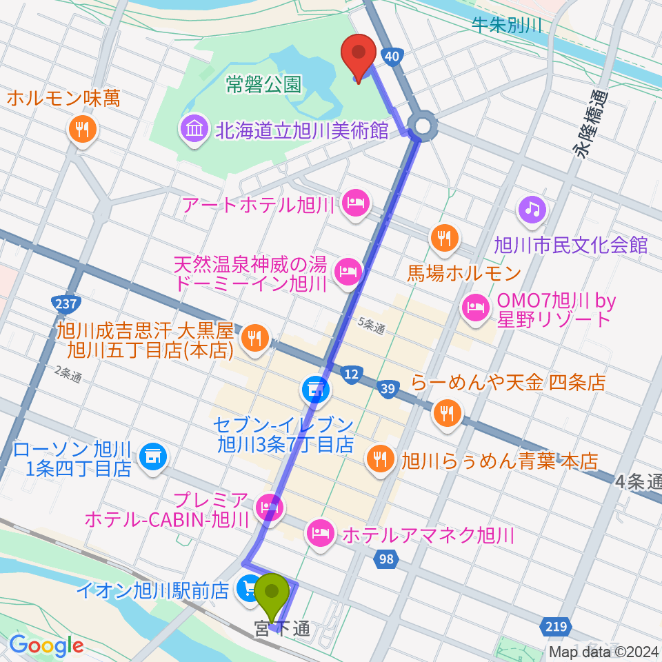 旭川市公会堂の最寄駅旭川駅からの徒歩ルート（約23分）地図