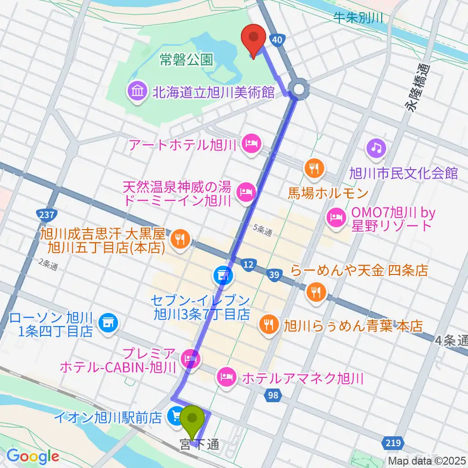 旭川市公会堂の最寄駅旭川駅からの徒歩ルート（約23分）地図