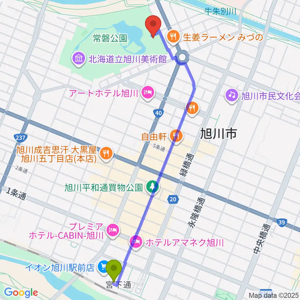 旭川市公会堂の最寄駅旭川駅からの徒歩ルート（約23分）地図