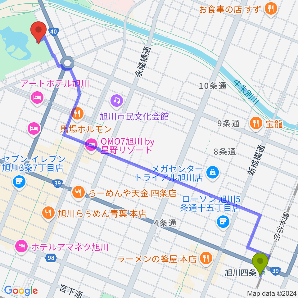 旭川四条駅から旭川市公会堂へのルートマップ地図