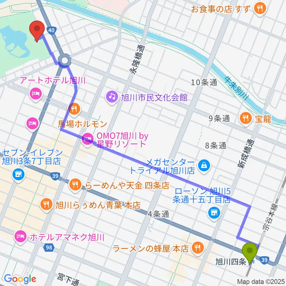 旭川四条駅から旭川市公会堂へのルートマップ地図