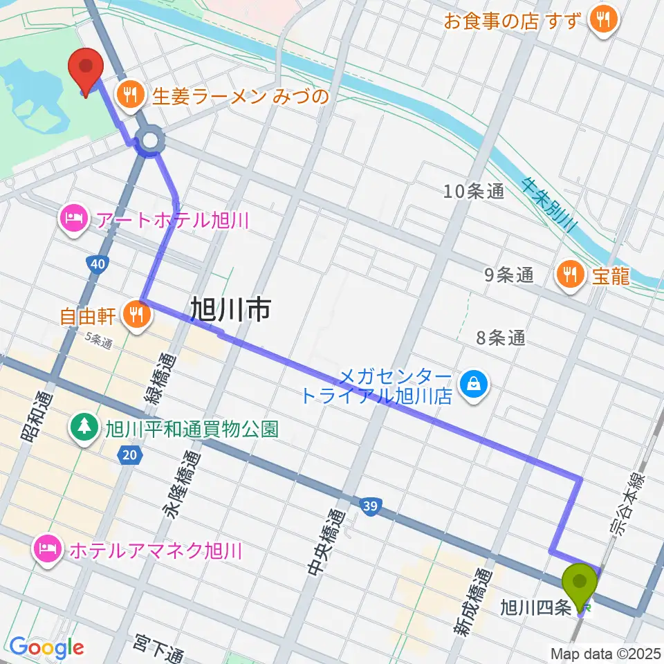 旭川四条駅から旭川市公会堂へのルートマップ地図