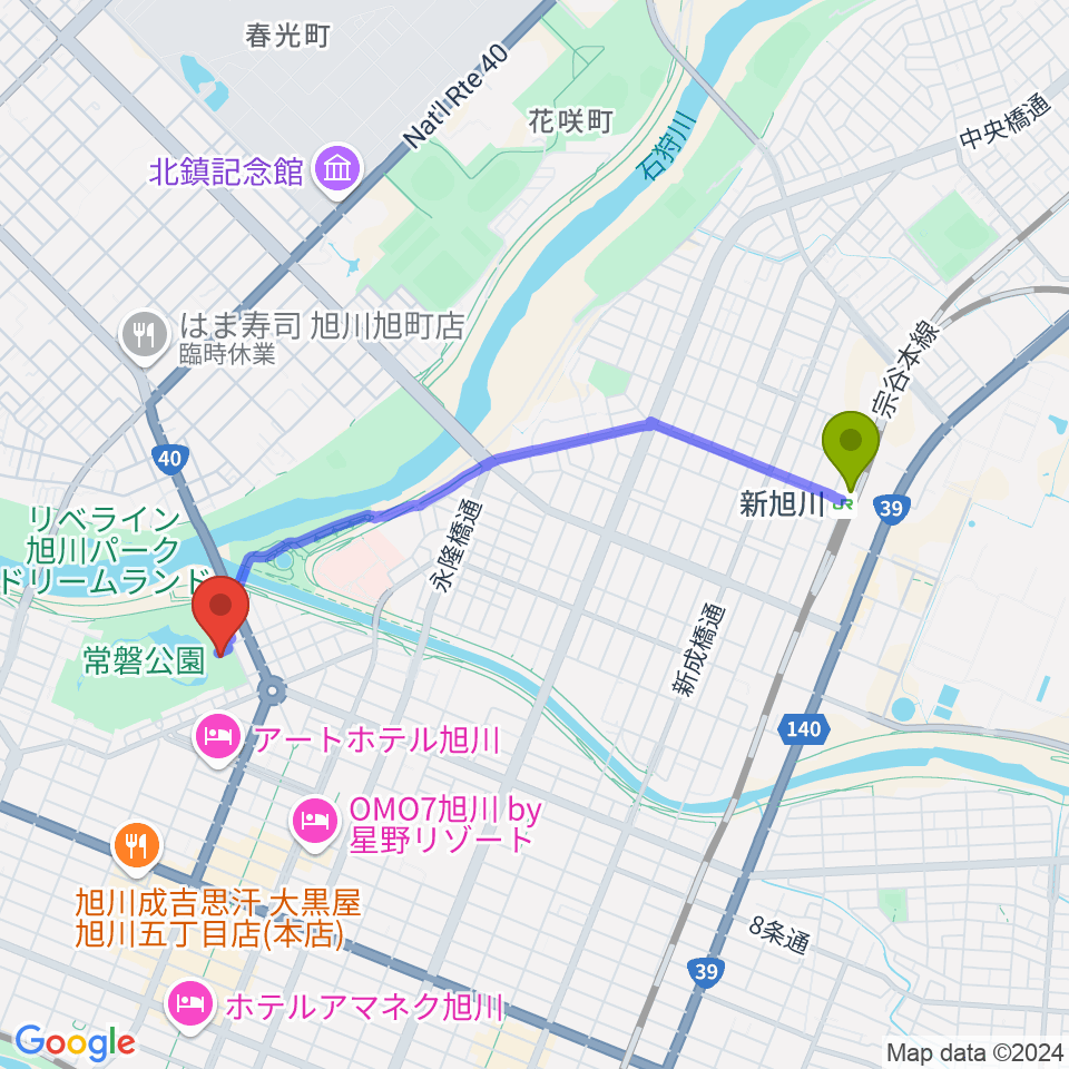 新旭川駅から旭川市公会堂へのルートマップ地図