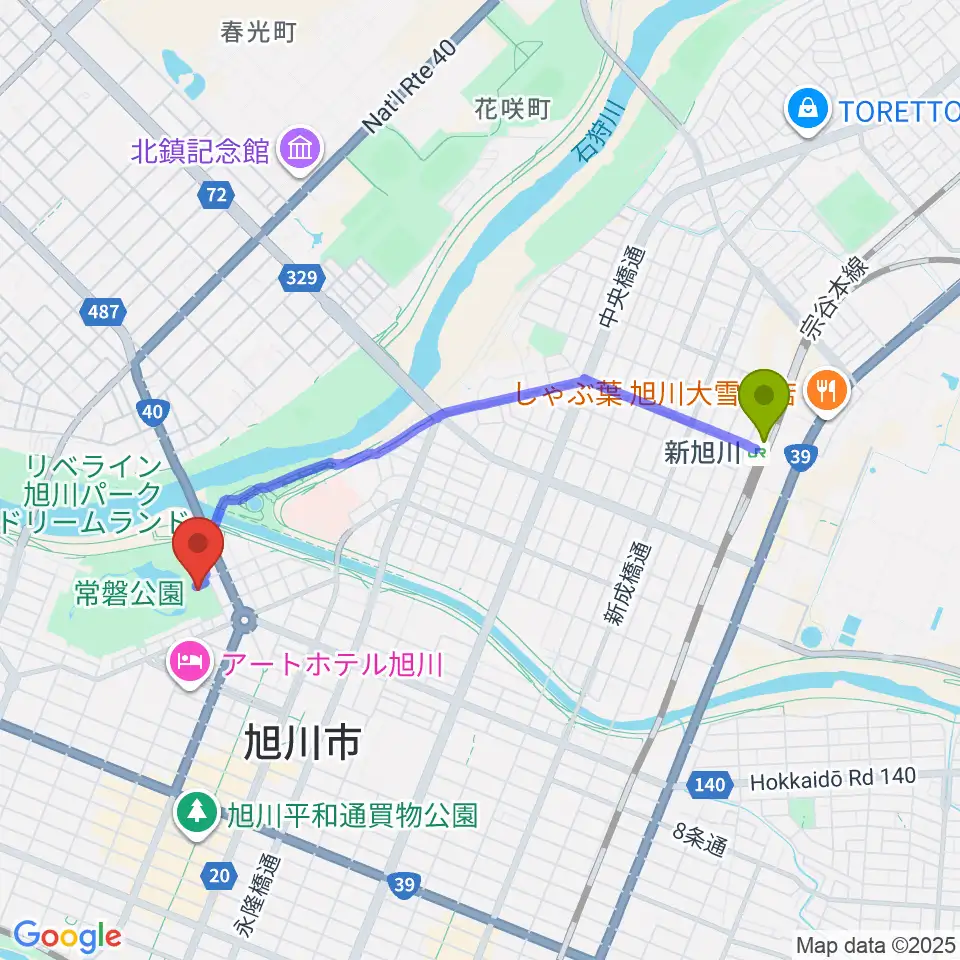 新旭川駅から旭川市公会堂へのルートマップ地図