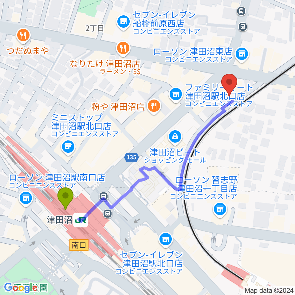 津田沼 Belle Amieの最寄駅津田沼駅からの徒歩ルート（約5分）地図