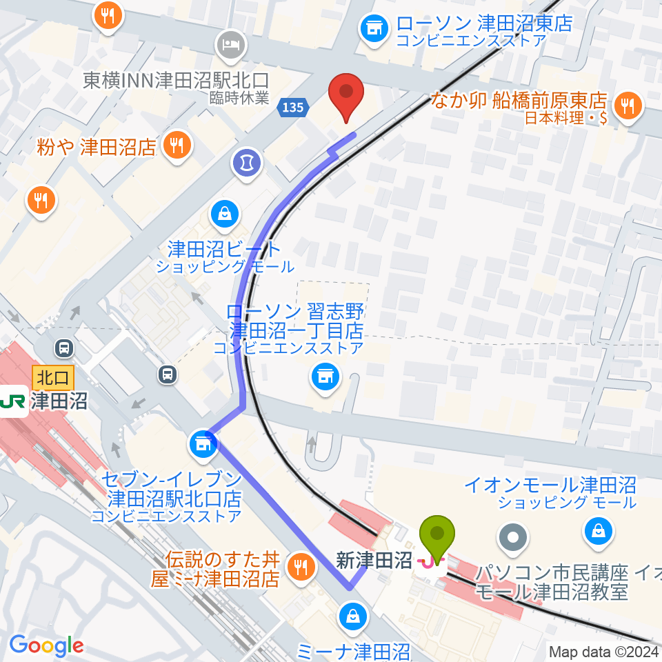 新津田沼駅から津田沼 Belle Amieへのルートマップ地図