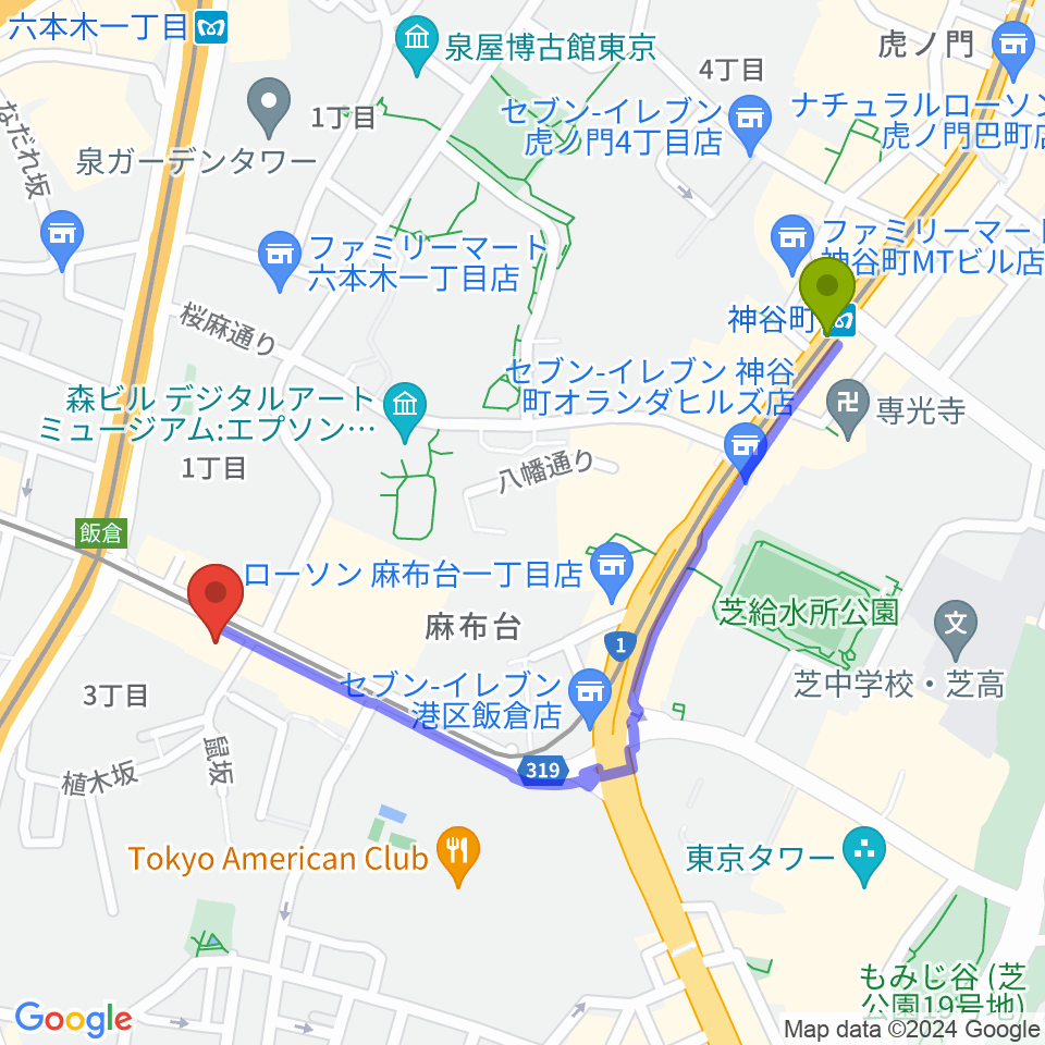 神谷町駅から六本木ブルーシャトウ山瀬へのルートマップ地図