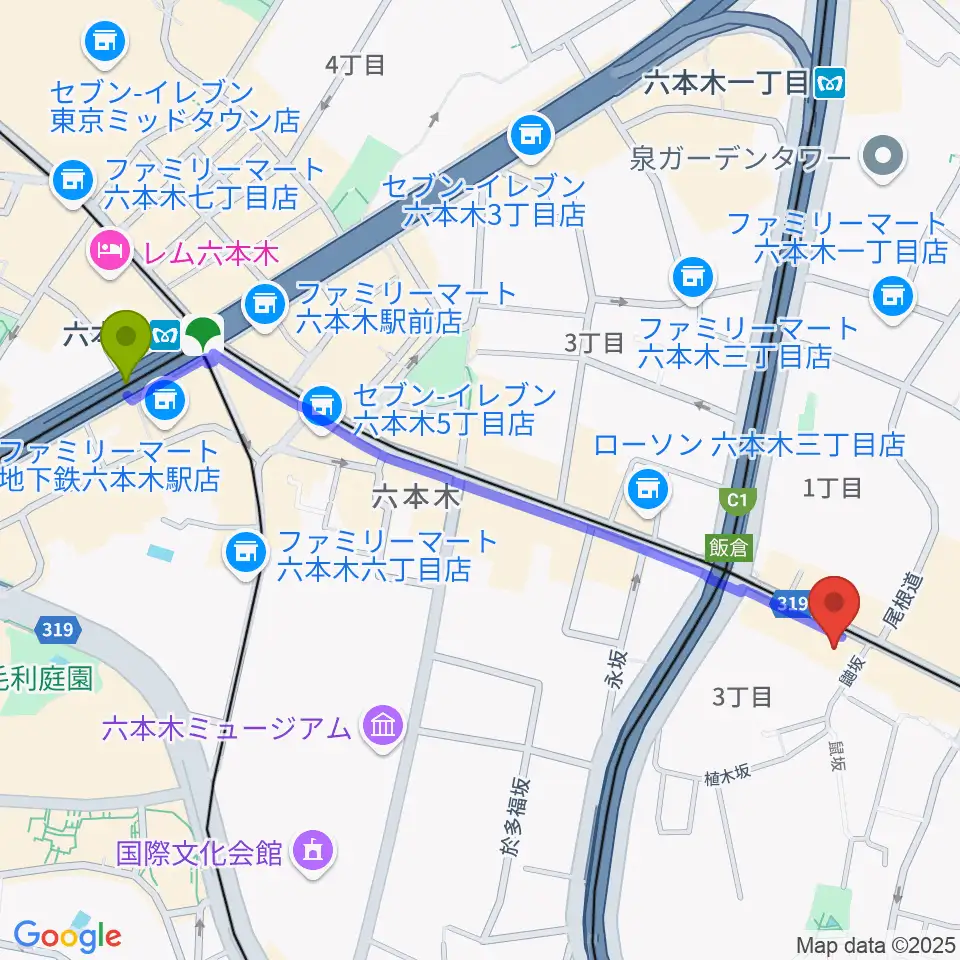 六本木駅から六本木ブルーシャトウ山瀬へのルートマップ地図