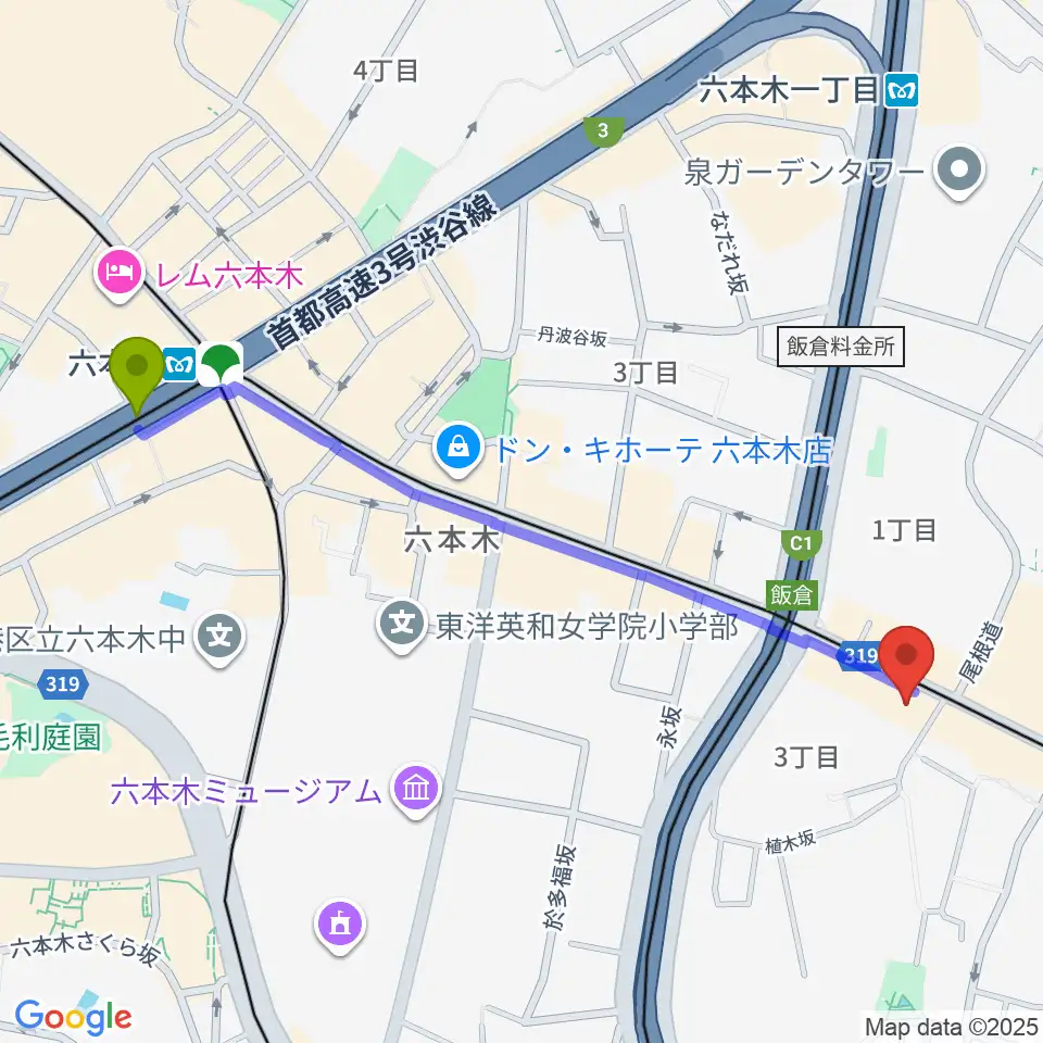 六本木駅から六本木ブルーシャトウ山瀬へのルートマップ地図