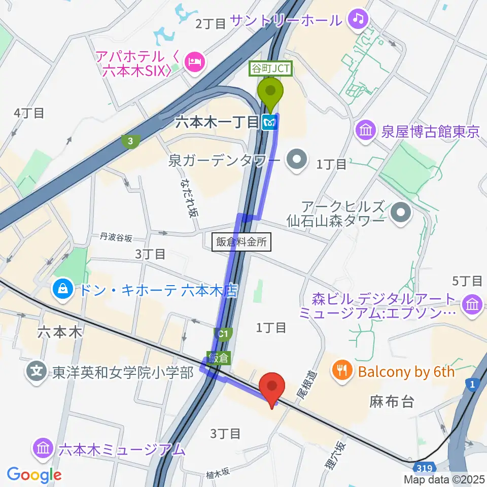 六本木ブルーシャトウ山瀬の最寄駅六本木一丁目駅からの徒歩ルート（約9分）地図