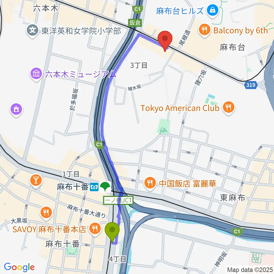 麻布十番駅から六本木ブルーシャトウ山瀬へのルートマップ地図