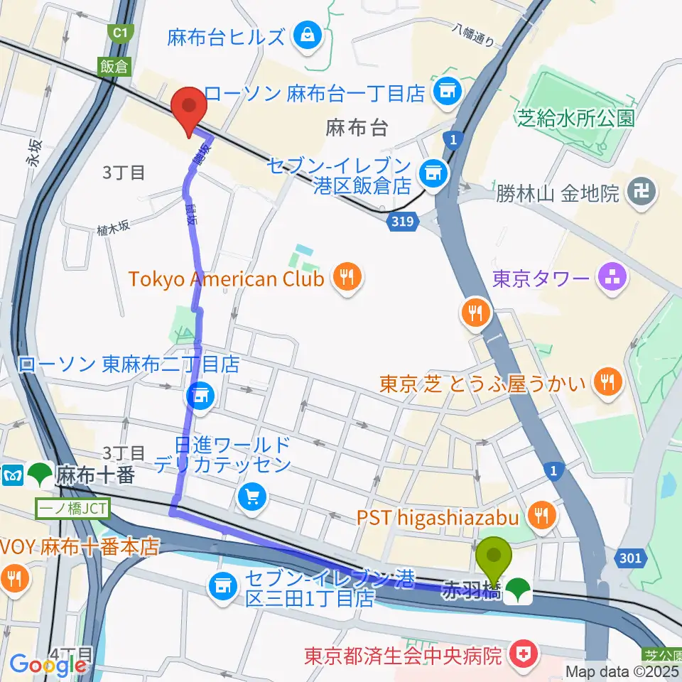 赤羽橋駅から六本木ブルーシャトウ山瀬へのルートマップ地図