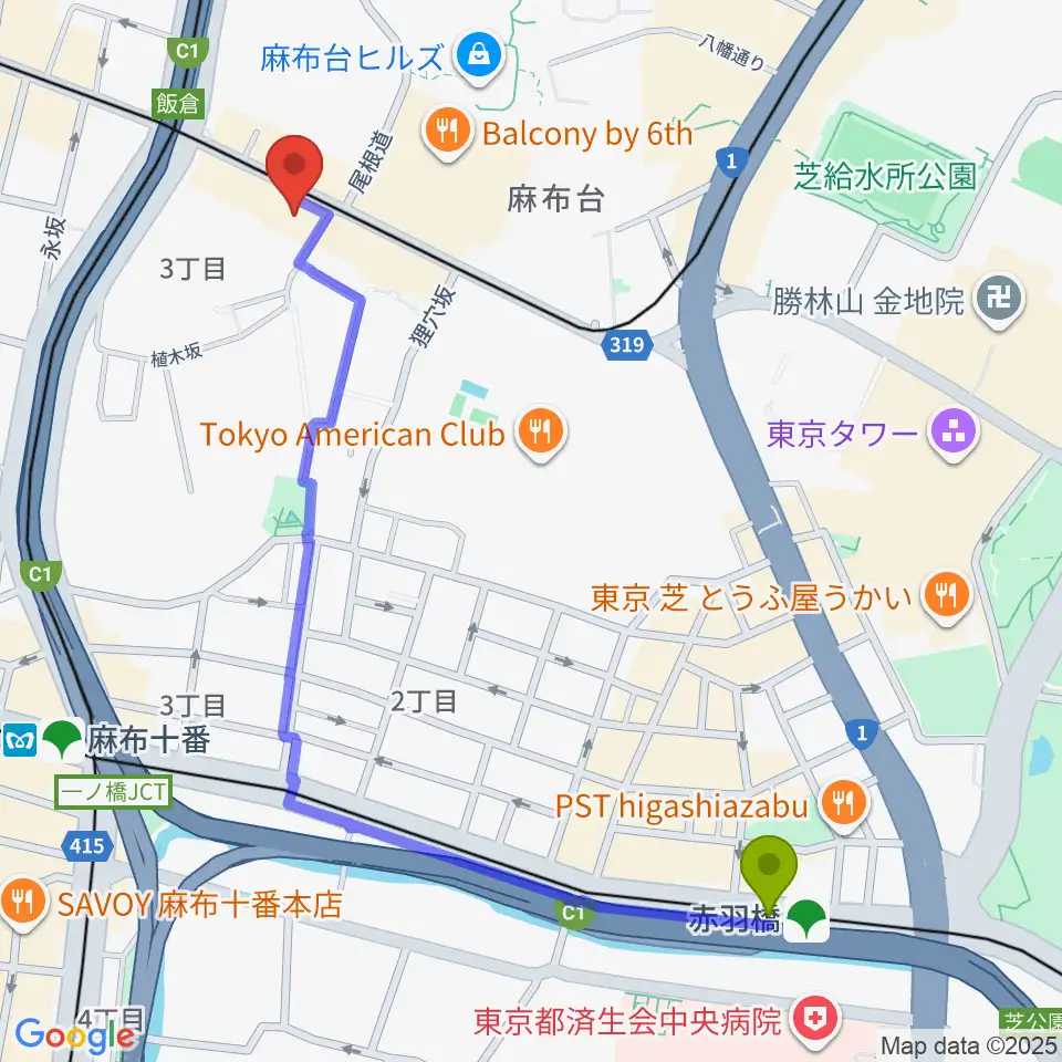 赤羽橋駅から六本木ブルーシャトウ山瀬へのルートマップ地図