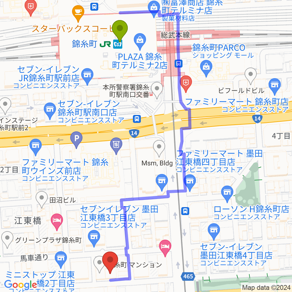 錦糸町ヒューズボックスの最寄駅錦糸町駅からの徒歩ルート（約6分）地図