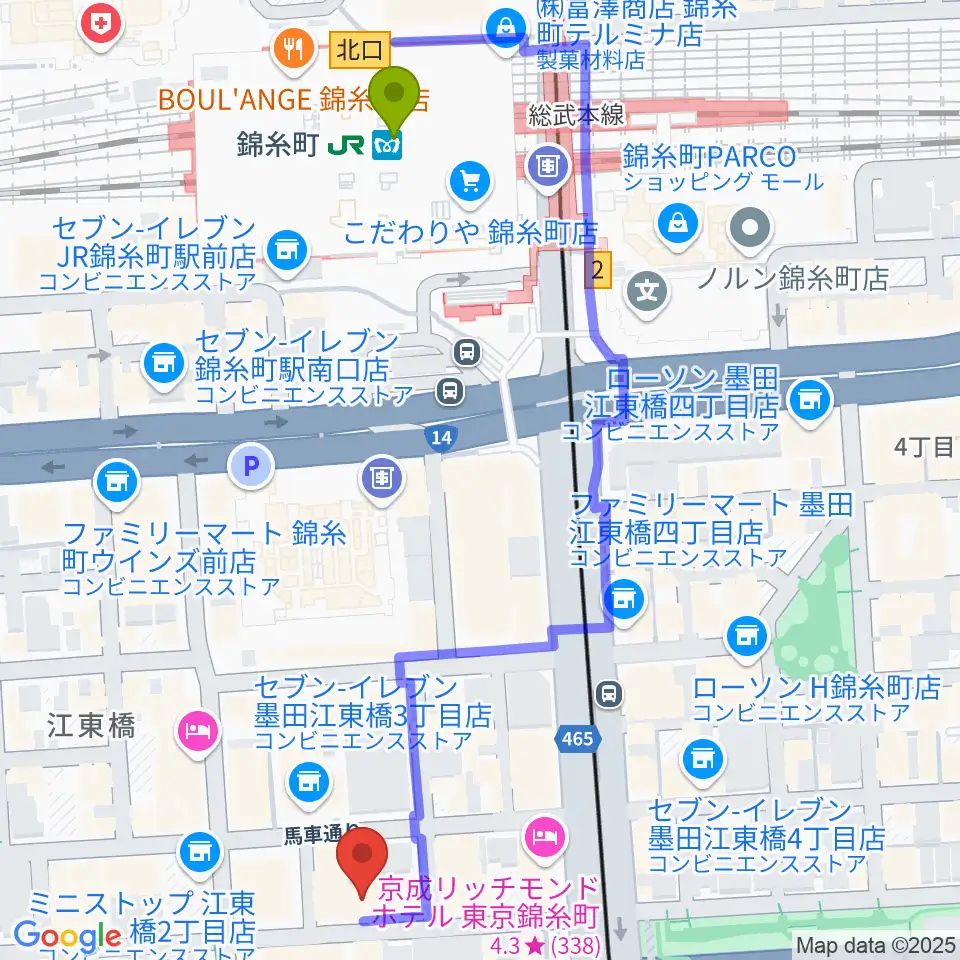 錦糸町ヒューズボックスの最寄駅錦糸町駅からの徒歩ルート（約6分）地図