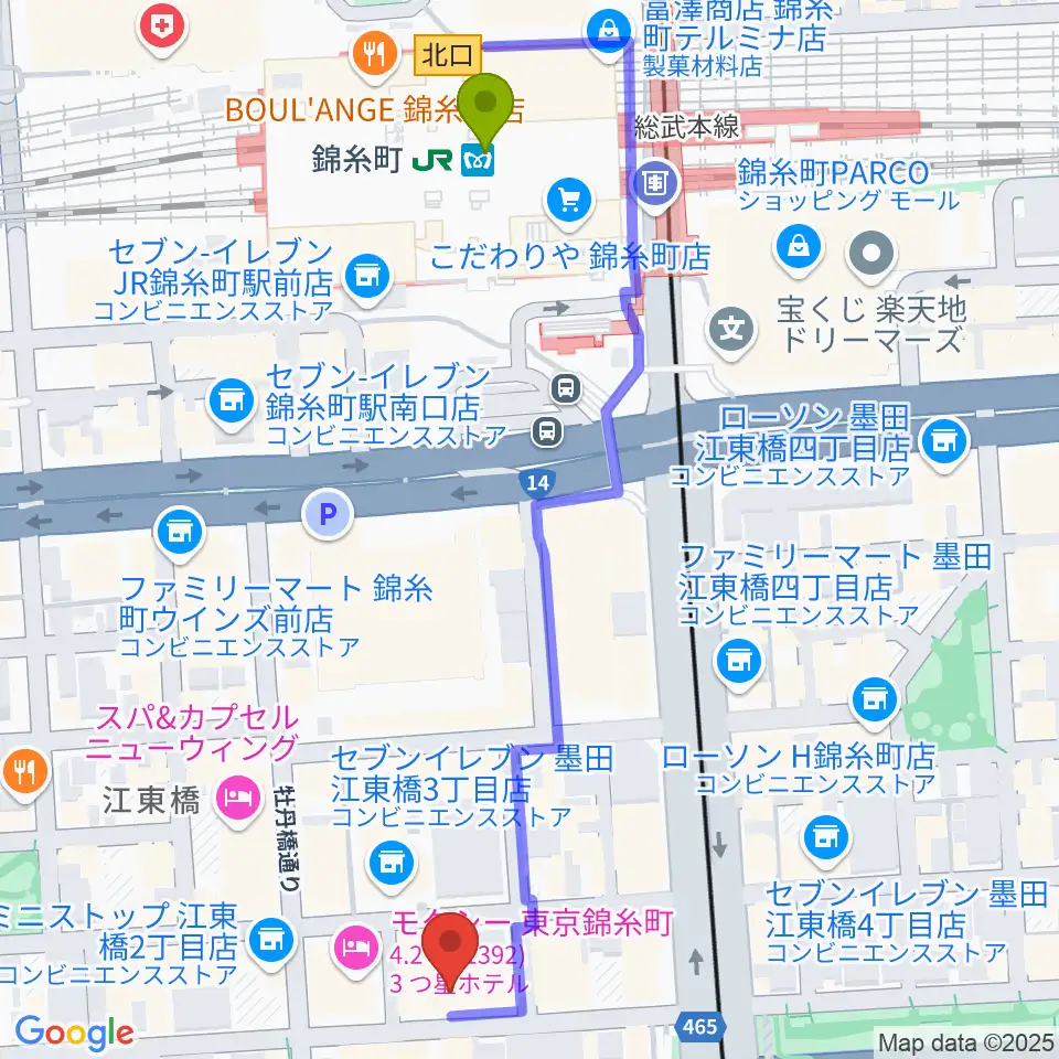 錦糸町ヒューズボックスの最寄駅錦糸町駅からの徒歩ルート（約6分）地図