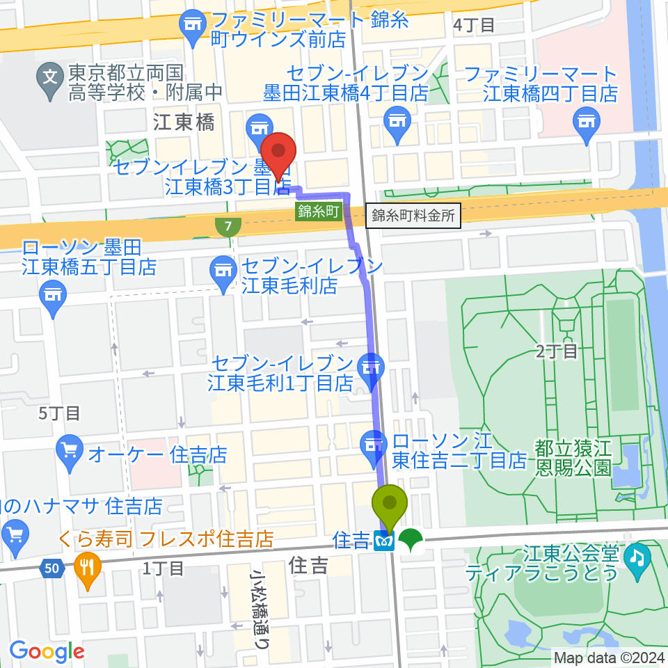 住吉駅から錦糸町ヒューズボックスへのルートマップ地図