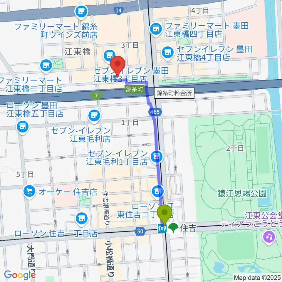 住吉駅から錦糸町ヒューズボックスへのルートマップ地図
