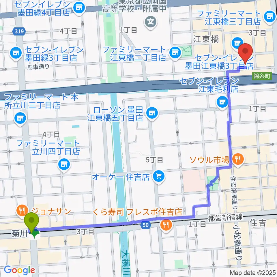 菊川駅から錦糸町ヒューズボックスへのルートマップ地図