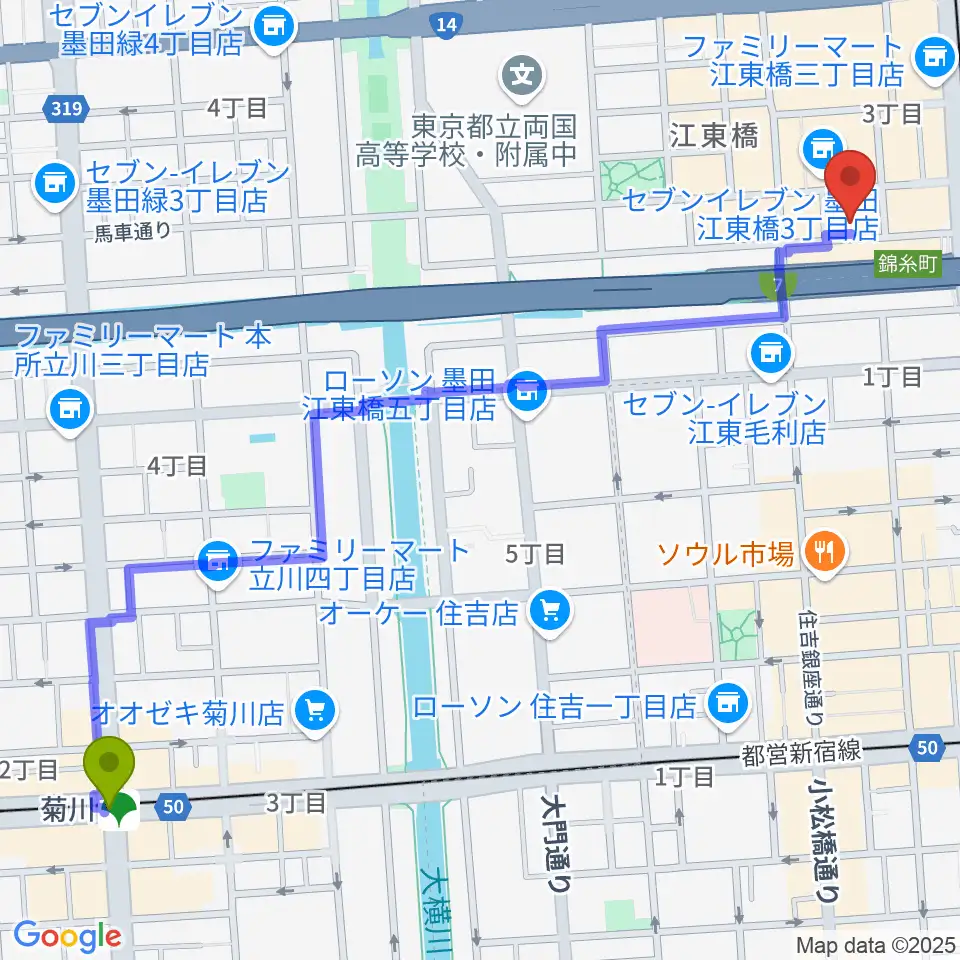 菊川駅から錦糸町ヒューズボックスへのルートマップ地図