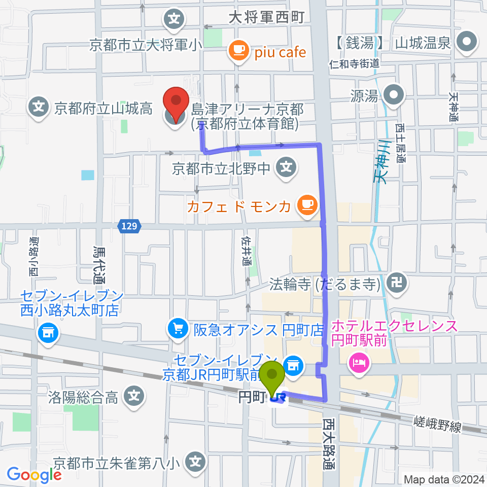 円町駅から島津アリーナ京都へのルートマップ地図