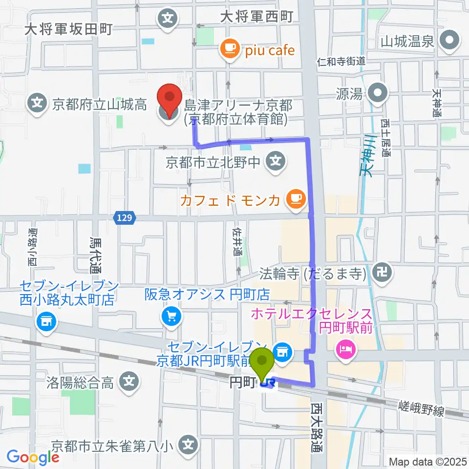 円町駅から島津アリーナ京都へのルートマップ地図