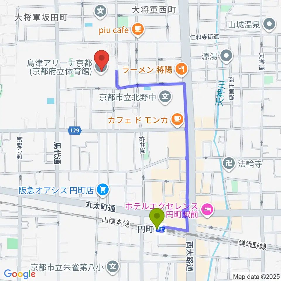 円町駅から島津アリーナ京都へのルートマップ地図