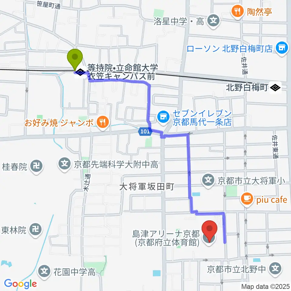 等持院駅から島津アリーナ京都へのルートマップ地図