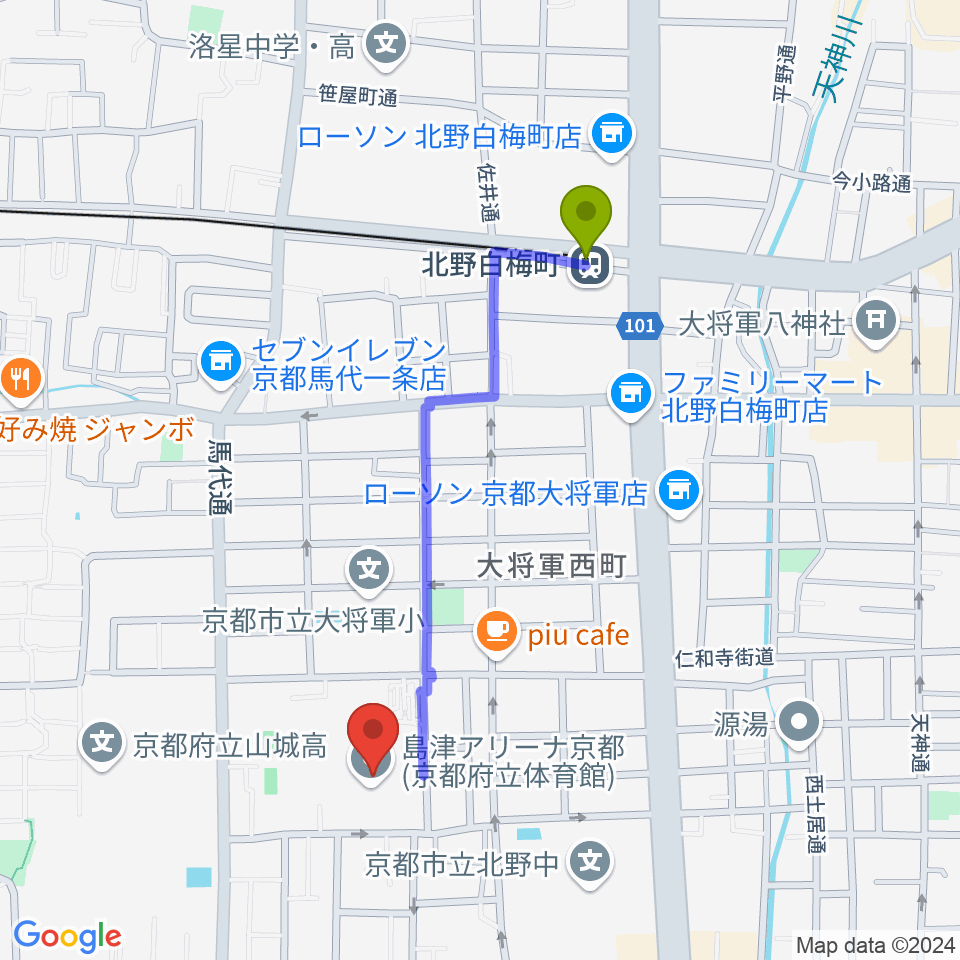 島津アリーナ京都の最寄駅北野白梅町駅からの徒歩ルート（約9分）地図