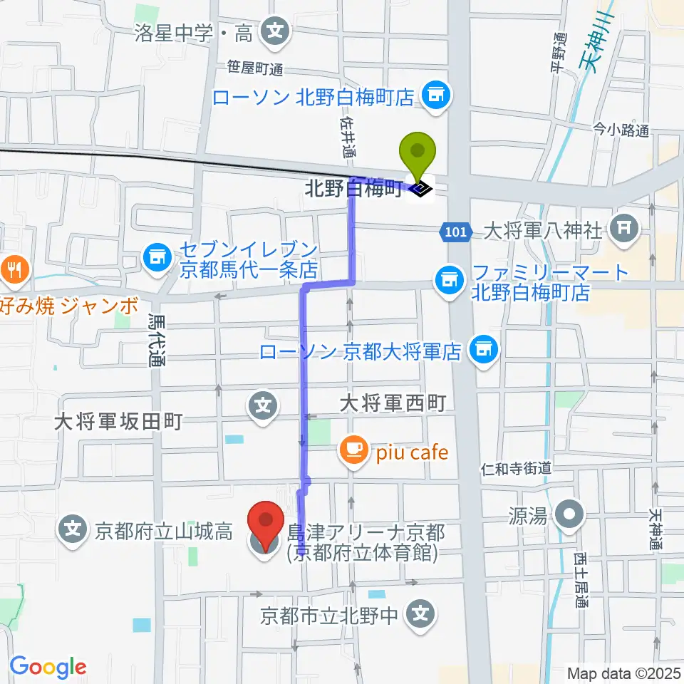 島津アリーナ京都の最寄駅北野白梅町駅からの徒歩ルート（約9分）地図