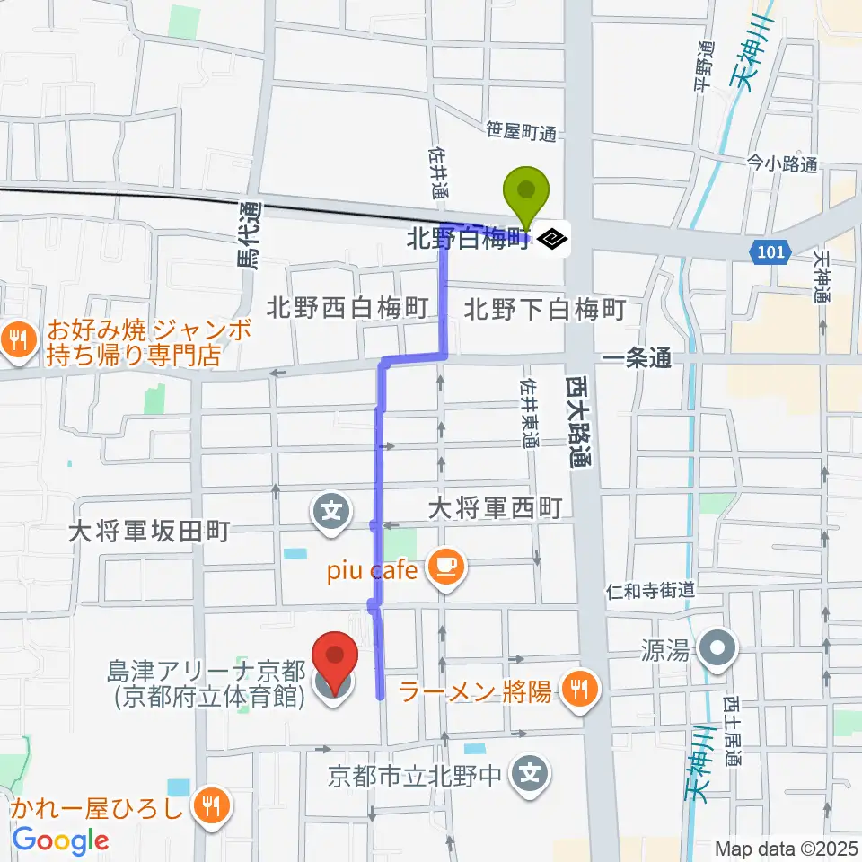 島津アリーナ京都の最寄駅北野白梅町駅からの徒歩ルート（約9分）地図