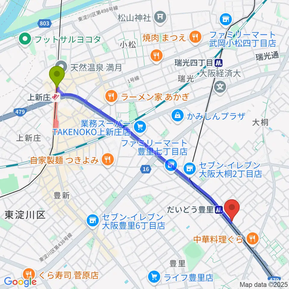 上新庄駅からシンカワピアノセンターへのルートマップ地図