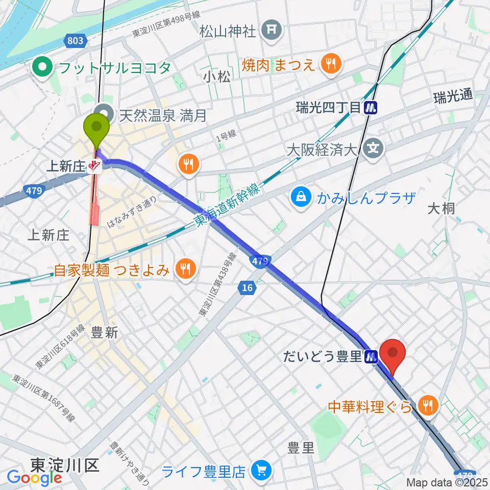 上新庄駅からシンカワピアノセンターへのルートマップ地図