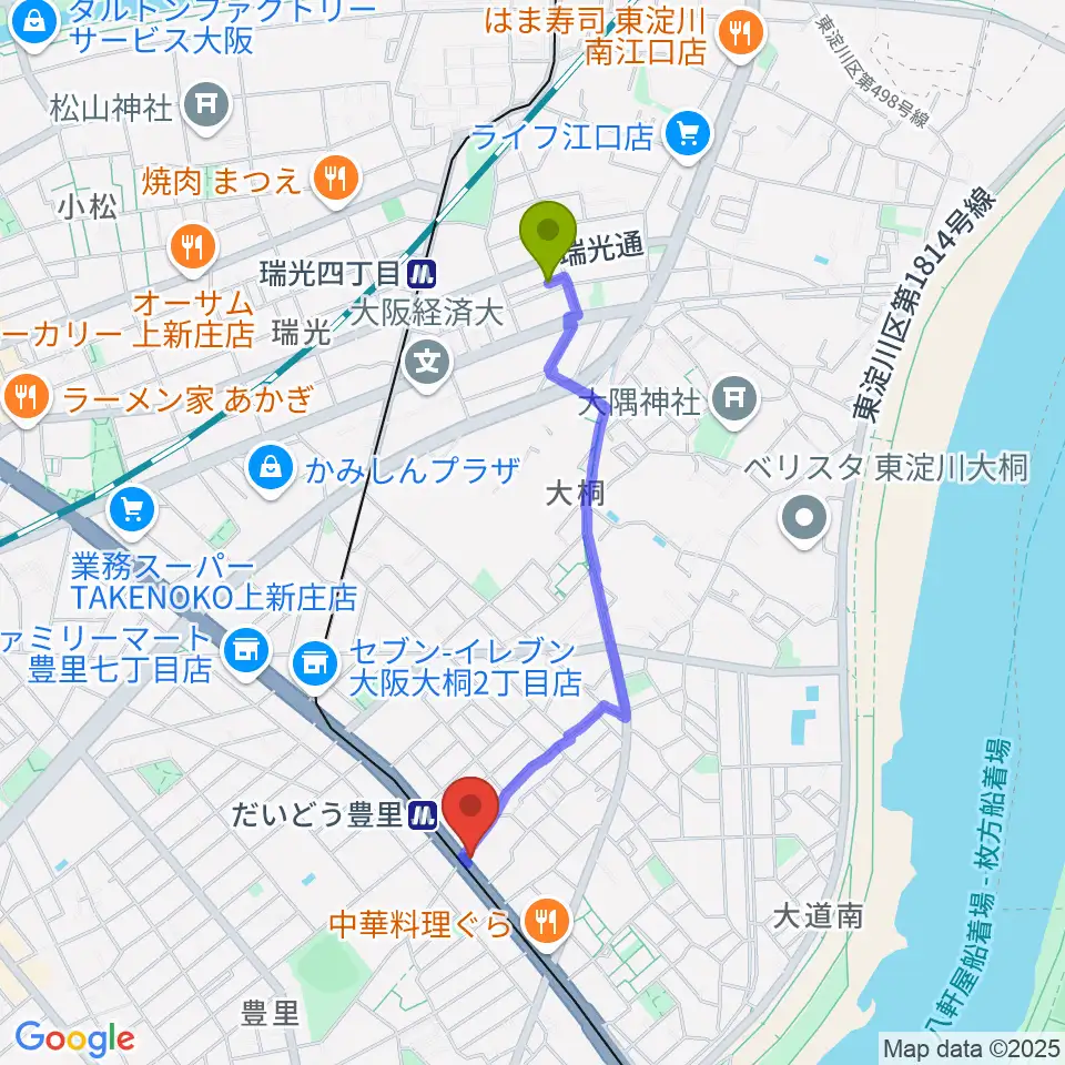 瑞光四丁目駅からシンカワピアノセンターへのルートマップ地図