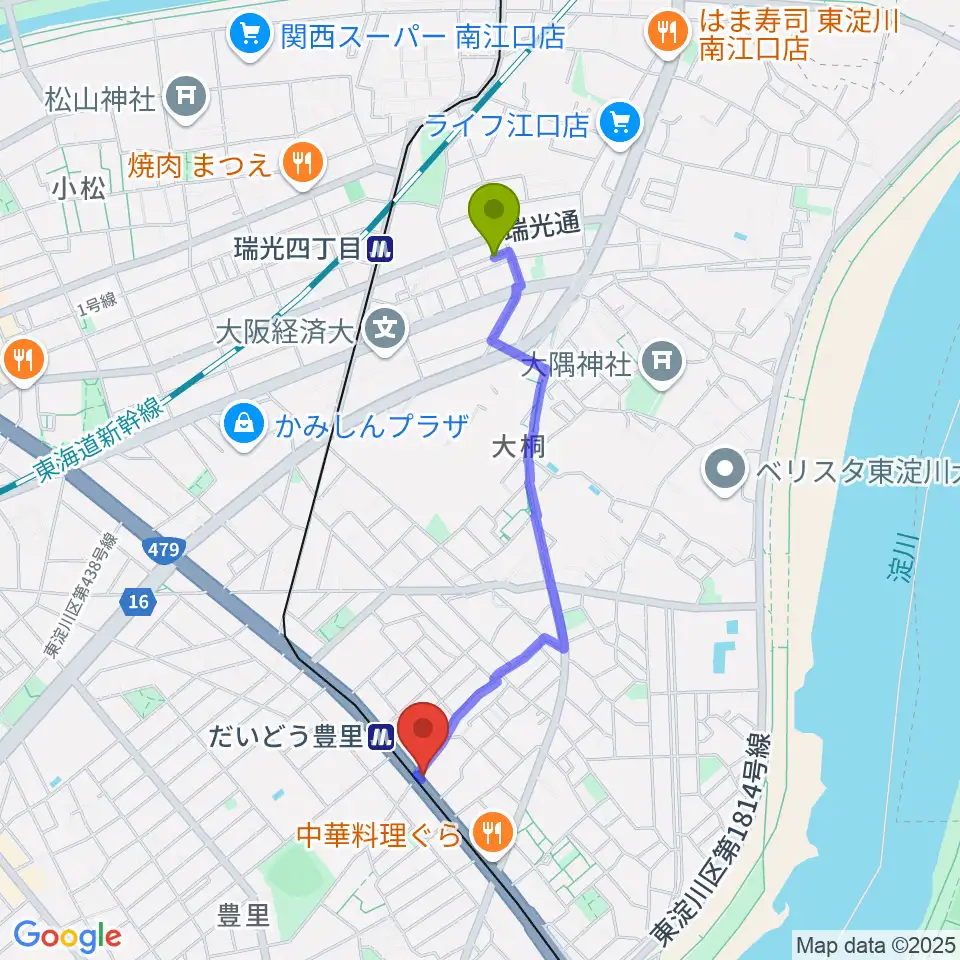 瑞光四丁目駅からシンカワピアノセンターへのルートマップ地図