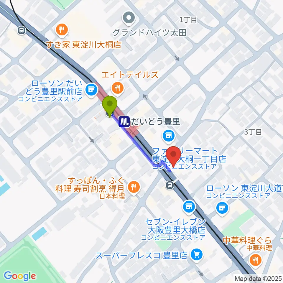 シンカワピアノセンターの最寄駅だいどう豊里駅からの徒歩ルート（約2分）地図