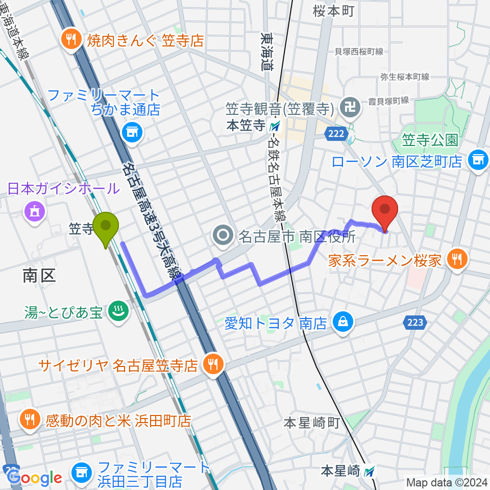 笠寺駅からカジタ・ミュージック・スクール南教室へのルートマップ地図