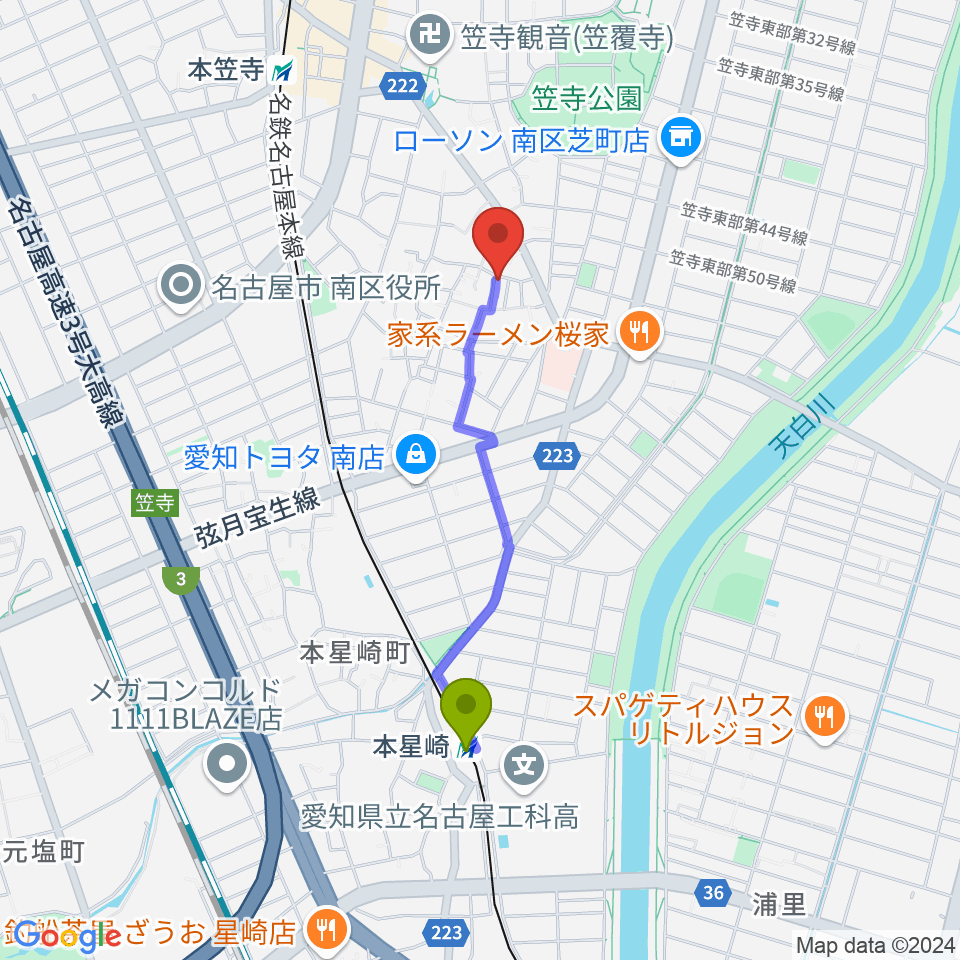 本星崎駅からカジタ・ミュージック・スクール南教室へのルートマップ地図