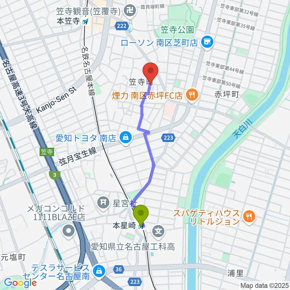 本星崎駅からカジタ・ミュージック・スクール南教室へのルートマップ地図