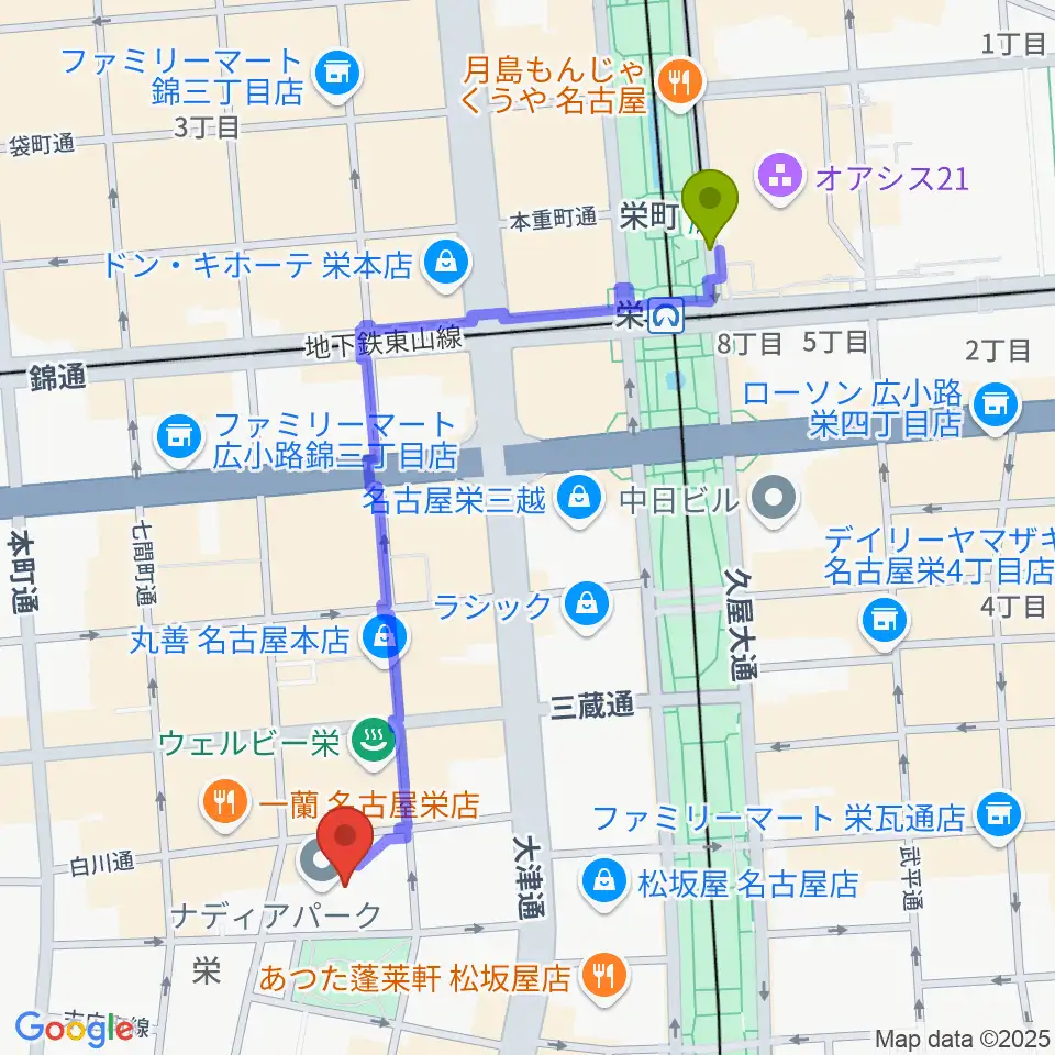 栄町駅からナディアパーク デザインホールへのルートマップ地図